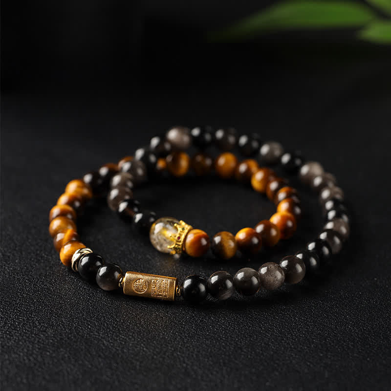 Buddha Stones タイガーアイシルバーシエンオブシディアン豊かさハンドメイドダブルラップブレスレット - タイガーアイ（守護♥強さ） - image 0