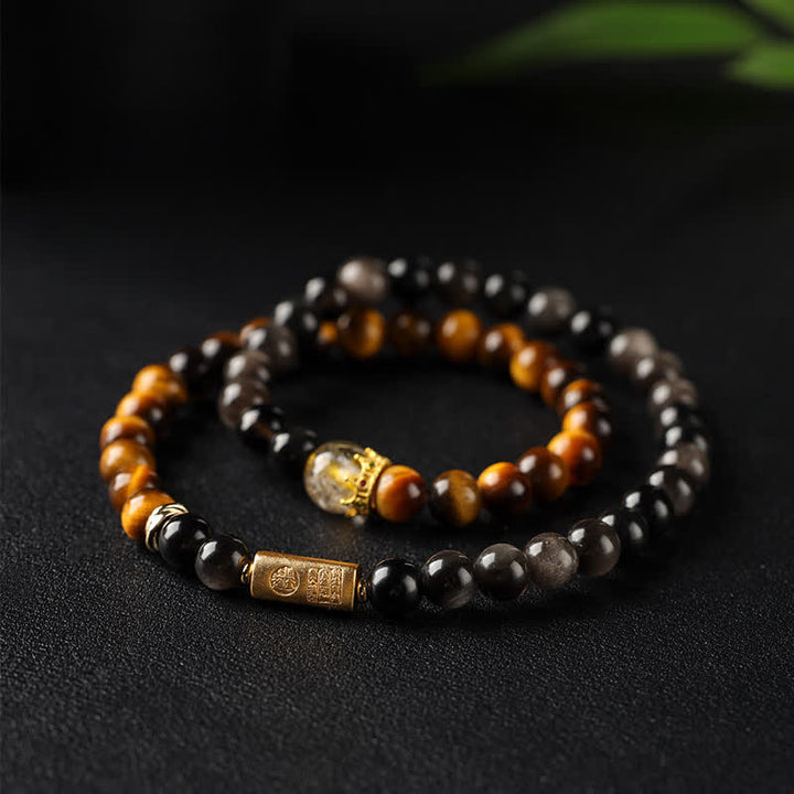 Buddha Stones タイガーアイシルバーシエンオブシディアン豊かさハンドメイドダブルラップブレスレット - タイガーアイ（守護♥強さ） - image 0