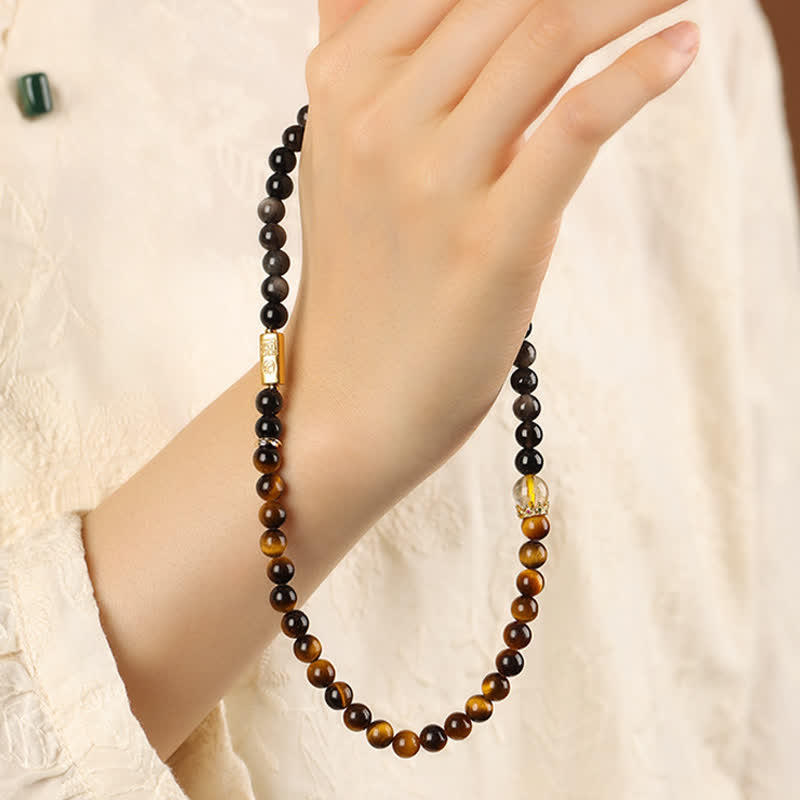Buddha Stones タイガーアイシルバーシエンオブシディアン豊かさハンドメイドダブルラップブレスレット - image 10