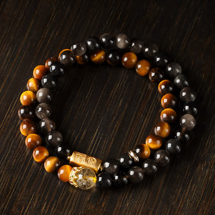 Buddha Stones タイガーアイシルバーシエンオブシディアン豊かさハンドメイドダブルラップブレスレット - image 3