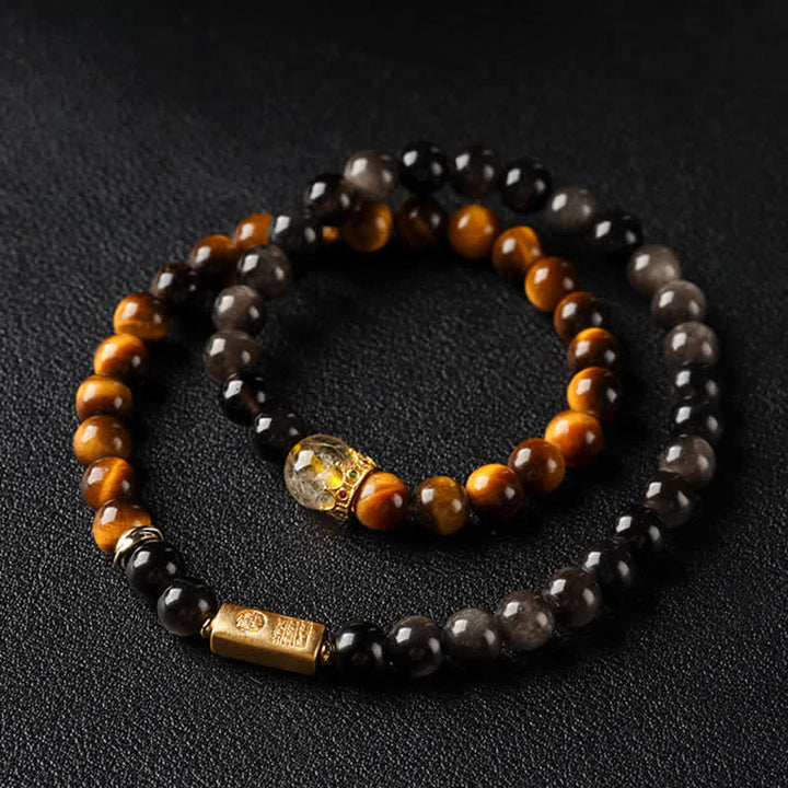 Buddha Stones タイガーアイシルバーシエンオブシディアン豊かさハンドメイドダブルラップブレスレット - image 1
