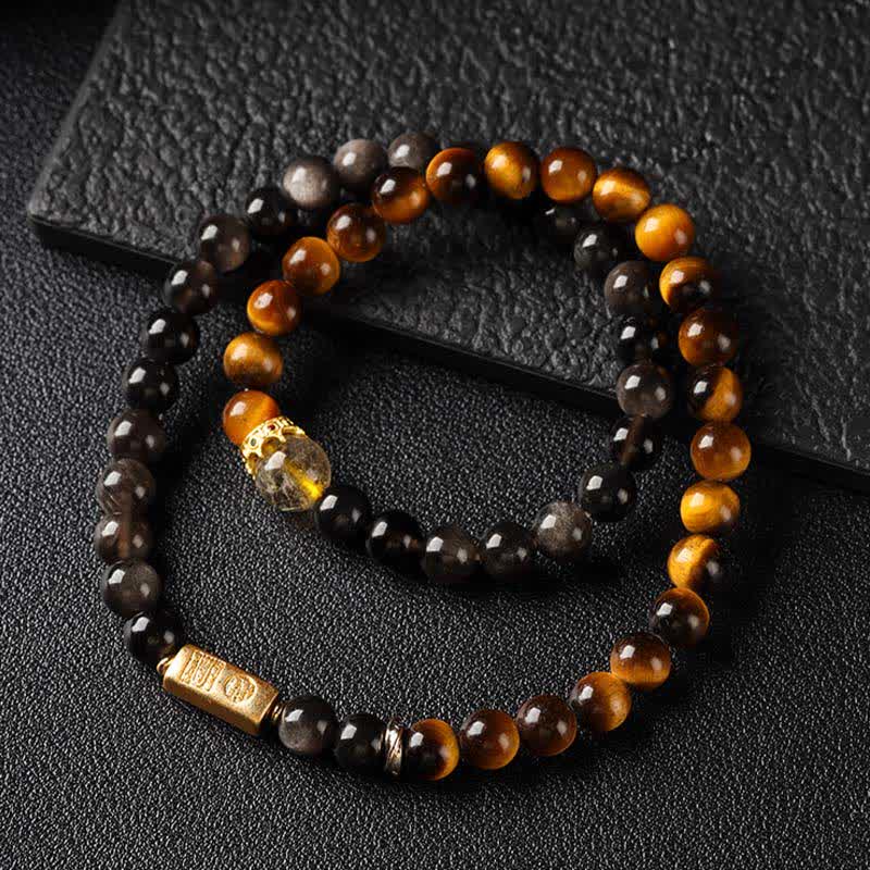 Buddha Stones タイガーアイシルバーシエンオブシディアン豊かさハンドメイドダブルラップブレスレット - image 2