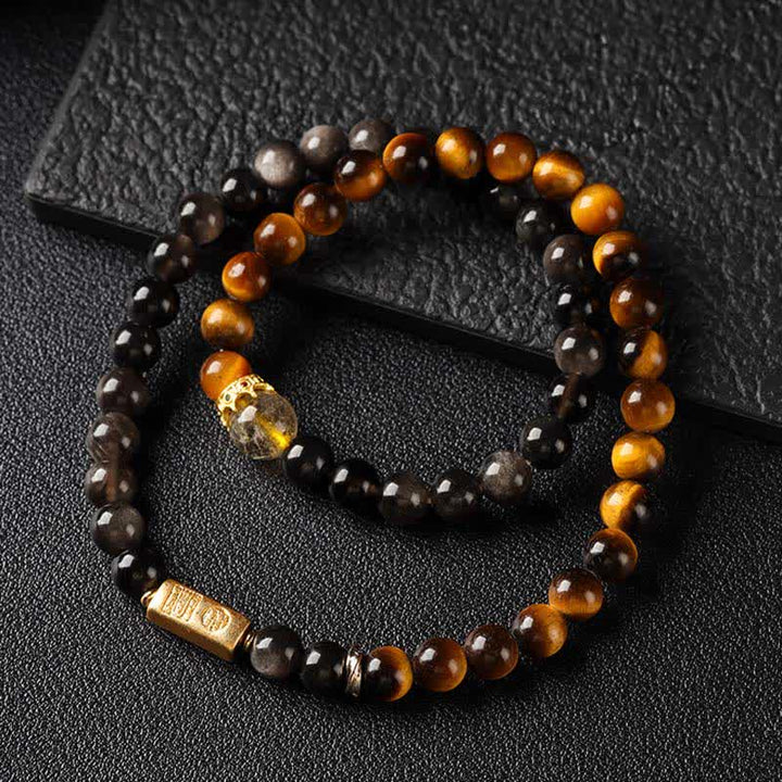 Buddha Stones タイガーアイシルバーシエンオブシディアン豊かさハンドメイドダブルラップブレスレット - image 2