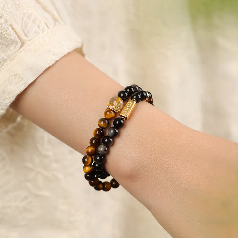 Buddha Stones タイガーアイシルバーシエンオブシディアン豊かさハンドメイドダブルラップブレスレット - image 8