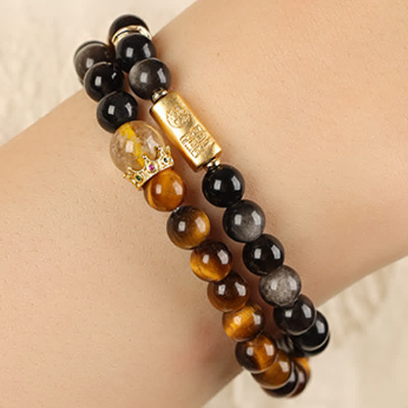 Buddha Stones タイガーアイシルバーシエンオブシディアン豊かさハンドメイドダブルラップブレスレット - image 7