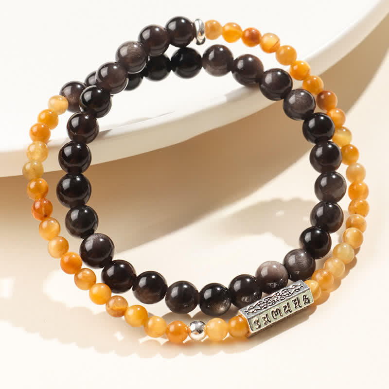 Buddha Stones シルバーシーンオブシディアンオーム・マニ・パドメ・フムグラウンディング ダブルラップブレスレット - image 0
