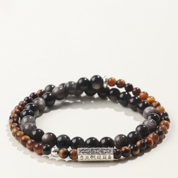 Buddha Stones シルバーシーンオブシディアンオーム・マニ・パドメ・フムグラウンディング ダブルラップブレスレット - スタイル2 - シルバーシーンオブシディアン（保護♥癒し） - image 2