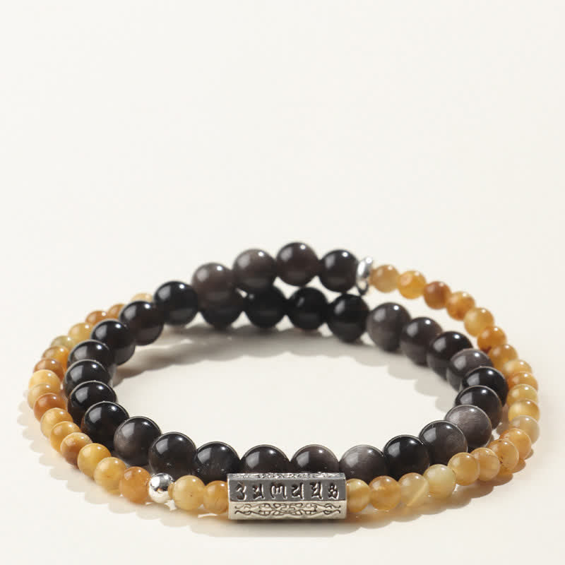 Buddha Stones シルバーシーンオブシディアンオーム・マニ・パドメ・フムグラウンディング ダブルラップブレスレット - スタイル1 - シルバーシーンオブシディアン（保護♥癒し） - image 1