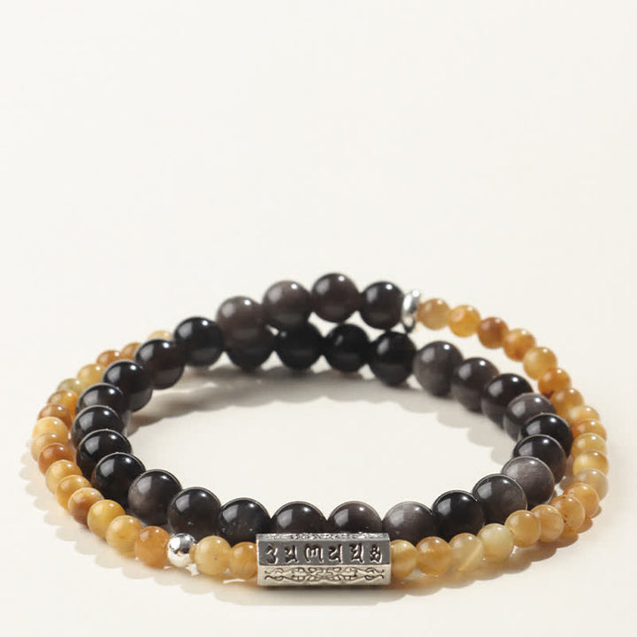 Buddha Stones シルバーシーンオブシディアンオーム・マニ・パドメ・フムグラウンディング ダブルラップブレスレット - スタイル1 - シルバーシーンオブシディアン（保護♥癒し） - image 1