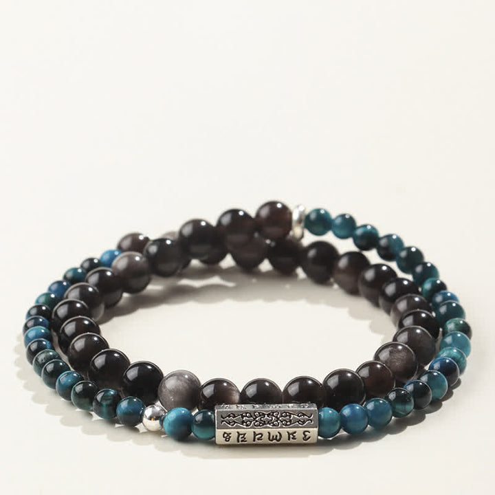 Buddha Stones シルバーシーンオブシディアンオーム・マニ・パドメ・フムグラウンディング ダブルラップブレスレット - スタイル4 - シルバーシーンオブシディアン（保護♥癒し） - image 4