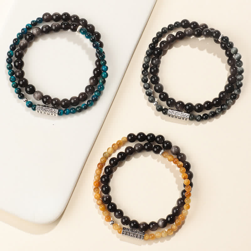 Buddha Stones シルバーシーンオブシディアンオーム・マニ・パドメ・フムグラウンディング ダブルラップブレスレット - image 9