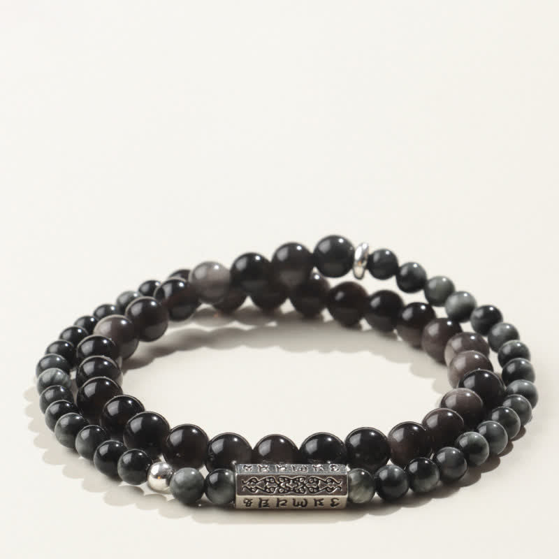 Buddha Stones シルバーシーンオブシディアンオーム・マニ・パドメ・フムグラウンディング ダブルラップブレスレット - スタイル3 - シルバーシーンオブシディアン（保護♥癒し） - image 3