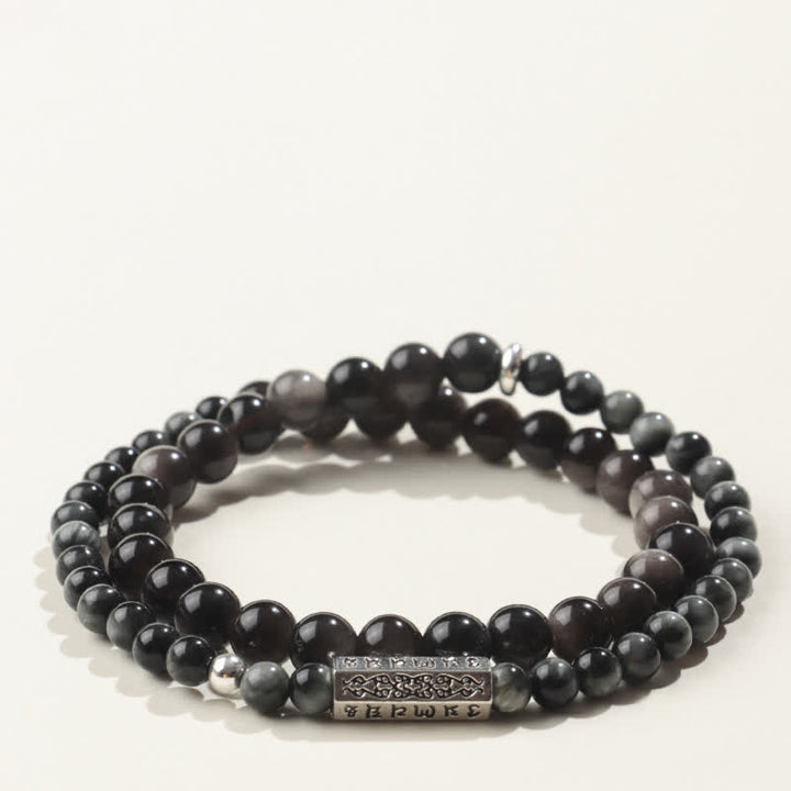 Buddha Stones シルバーシーンオブシディアンオーム・マニ・パドメ・フムグラウンディング ダブルラップブレスレット - スタイル3 - シルバーシーンオブシディアン（保護♥癒し） - image 3