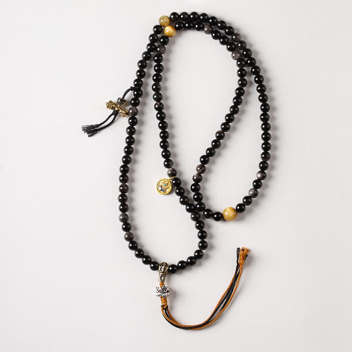 Buddha Stones シルバーシーンオブシディアンガルーダ守護手織りビーズネックレス - ガルーダ（守護♥霊力） - シルバーシーンオブシディアン（保護♥癒し） - image 1