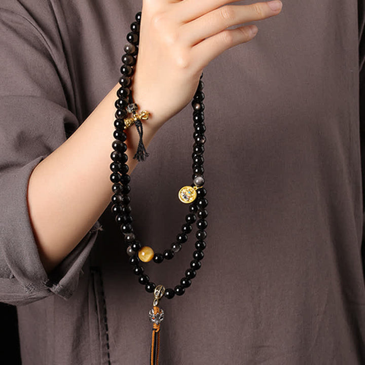 Buddha Stones シルバーシーンオブシディアンガルーダ守護手織りビーズネックレス - image 9