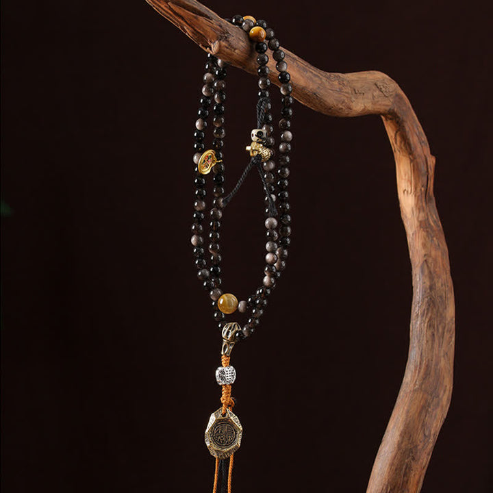 Buddha Stones シルバーシーンオブシディアンガルーダ守護手織りビーズネックレス - image 7