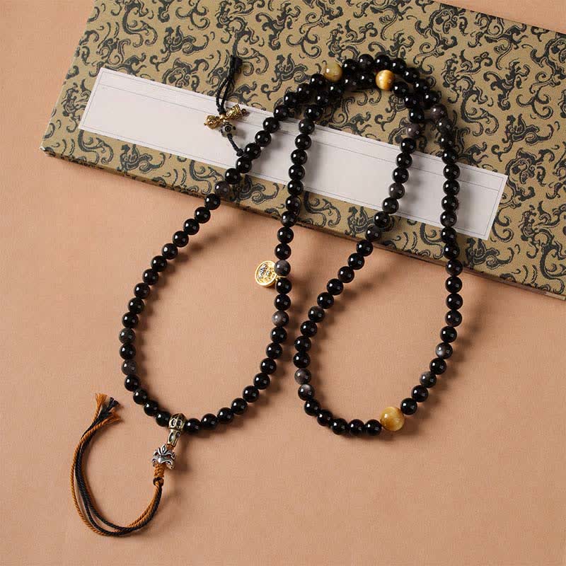 Buddha Stones シルバーシーンオブシディアンガルーダ守護手織りビーズネックレス - image 3