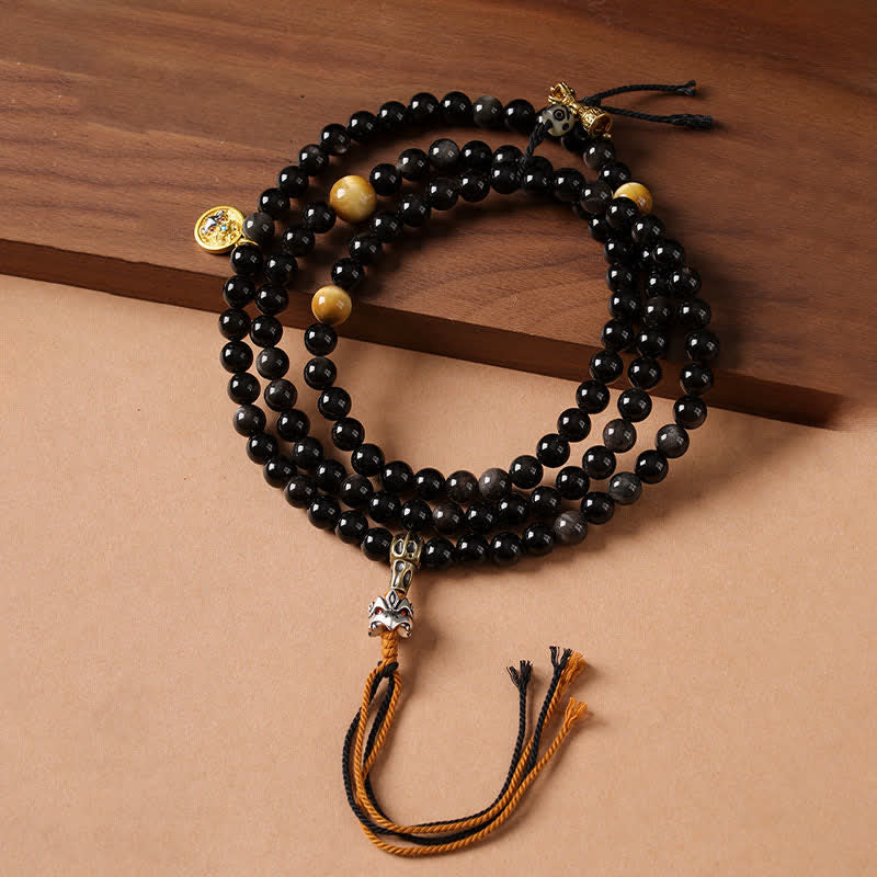 Buddha Stones シルバーシーンオブシディアンガルーダ守護手織りビーズネックレス - image 0