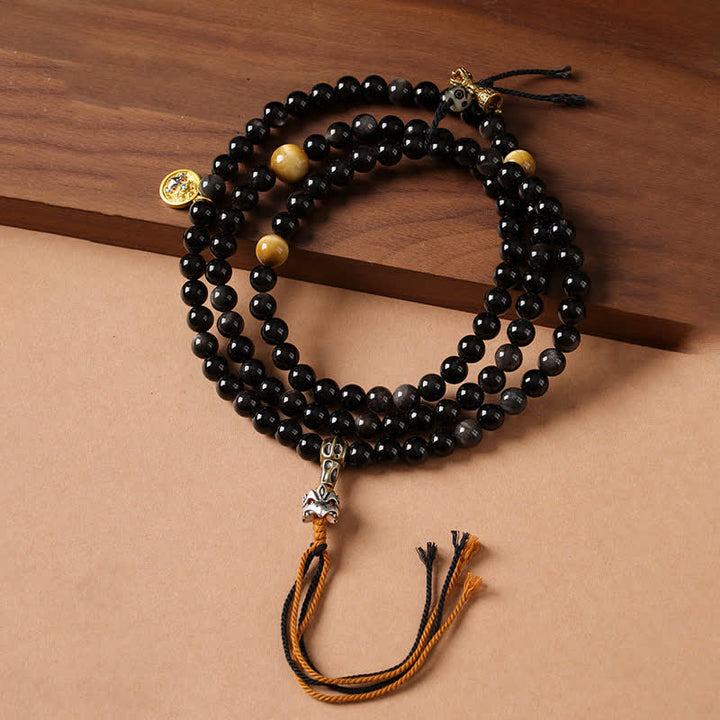 Buddha Stones シルバーシーンオブシディアンガルーダ守護手織りビーズネックレス - image 0