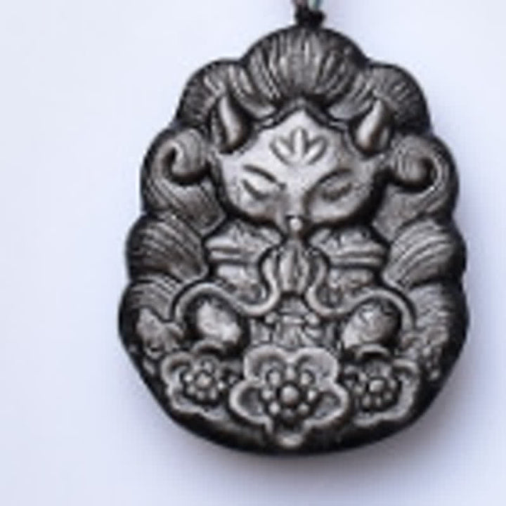 Buddha Stones 黒曜石九尾狐守護の手彫りネックレス - image 2