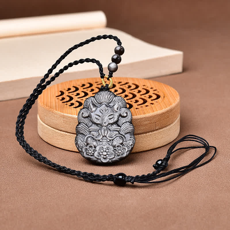 Buddha Stones 黒曜石九尾狐守護の手彫りネックレス - image 1