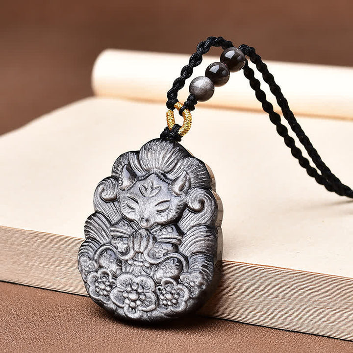 Buddha Stones 黒曜石九尾狐守護の手彫りネックレス - 黒曜石（浄化♥力） - image 0