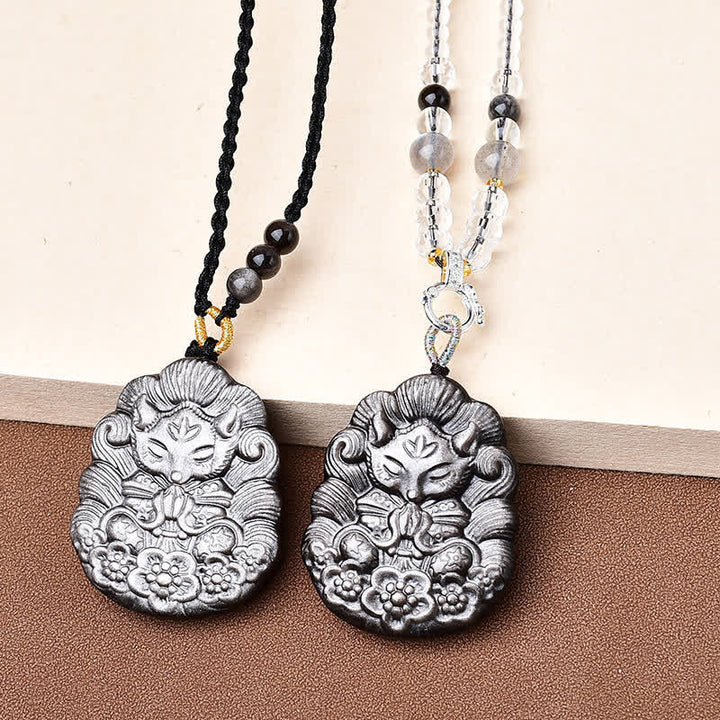 Buddha Stones 黒曜石九尾狐守護の手彫りネックレス - image 3