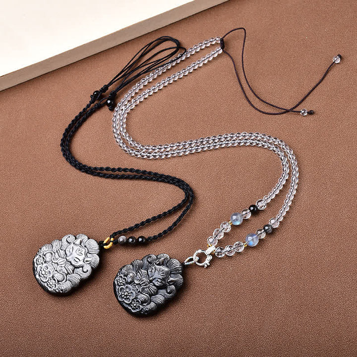 Buddha Stones 黒曜石九尾狐守護の手彫りネックレス - image 4