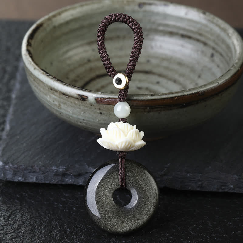 Buddha Stones レインボーオブシディアンロータスピース平和のお守りチャームプロテクションキーホルダー - ロータス - ゴールデンシーンオブシディアン平和のお守りチャームキーホルダー - レインボーオブシディアン（光の当たり方によって色が変わる） - image 0