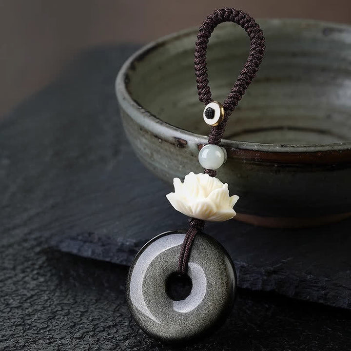Buddha Stones レインボーオブシディアンロータスピース平和のお守りチャームプロテクションキーホルダー - image 3