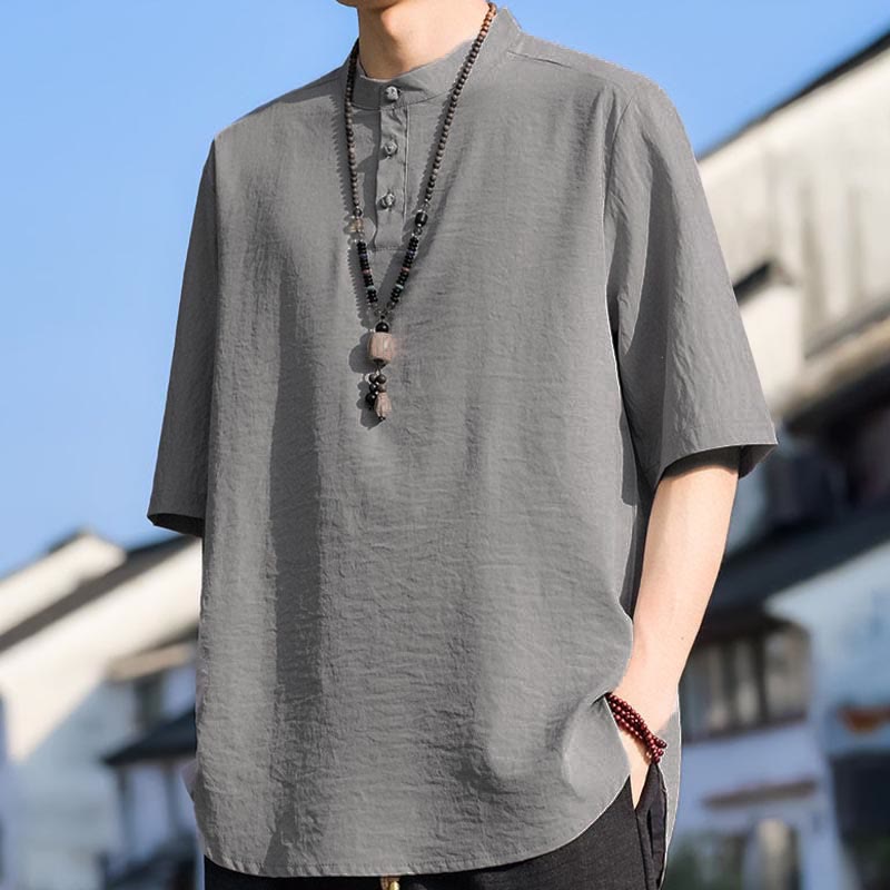 Buddha Stones 夏物カジュアル マンダリンカラー 3つボタン 無地 メンズ半袖シャツ - image 16