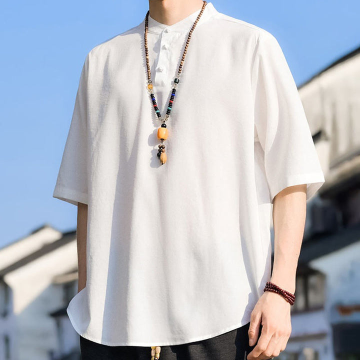 Buddha Stones 夏物カジュアル マンダリンカラー 3つボタン 無地 メンズ半袖シャツ - image 28
