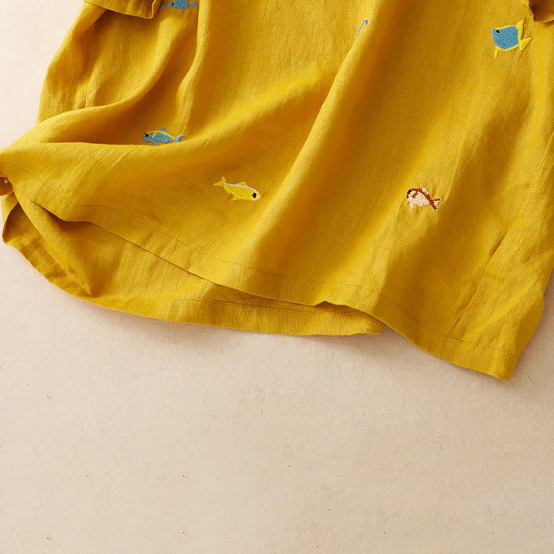 Buddha Stones 夏物カジュアル刺繍入り魚モチーフレディース半袖Tシャツ - image 5
