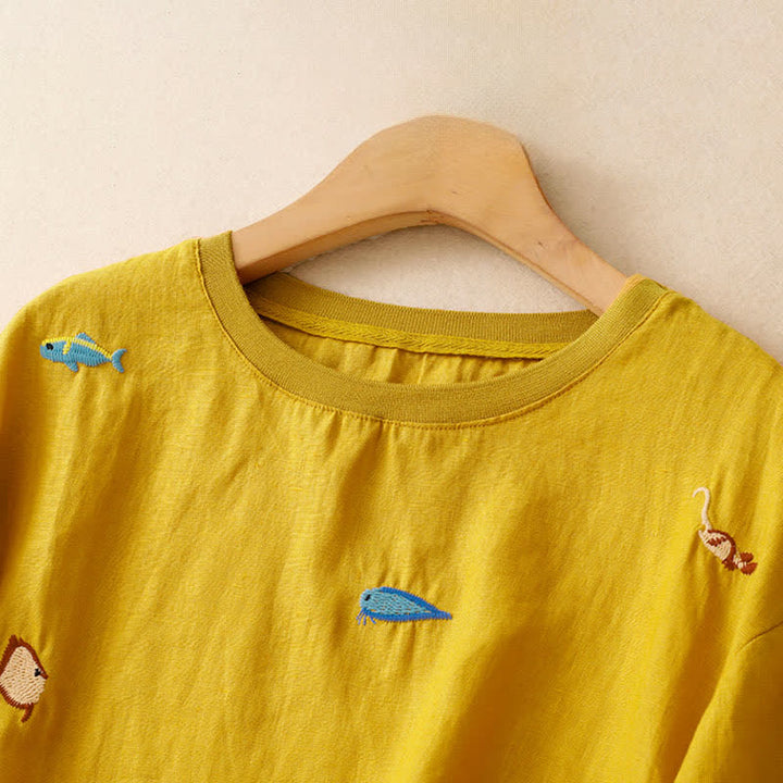 Buddha Stones 夏物カジュアル刺繍入り魚モチーフレディース半袖Tシャツ - image 2