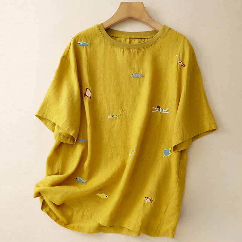 Buddha Stones 夏物カジュアル刺繍入り魚モチーフレディース半袖Tシャツ - ゴールデンロッド - US12, UK/AU16, EU44 （2XL） - image 0