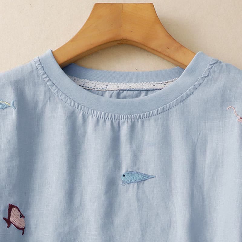 Buddha Stones 夏物カジュアル刺繍入り魚モチーフレディース半袖Tシャツ - image 11