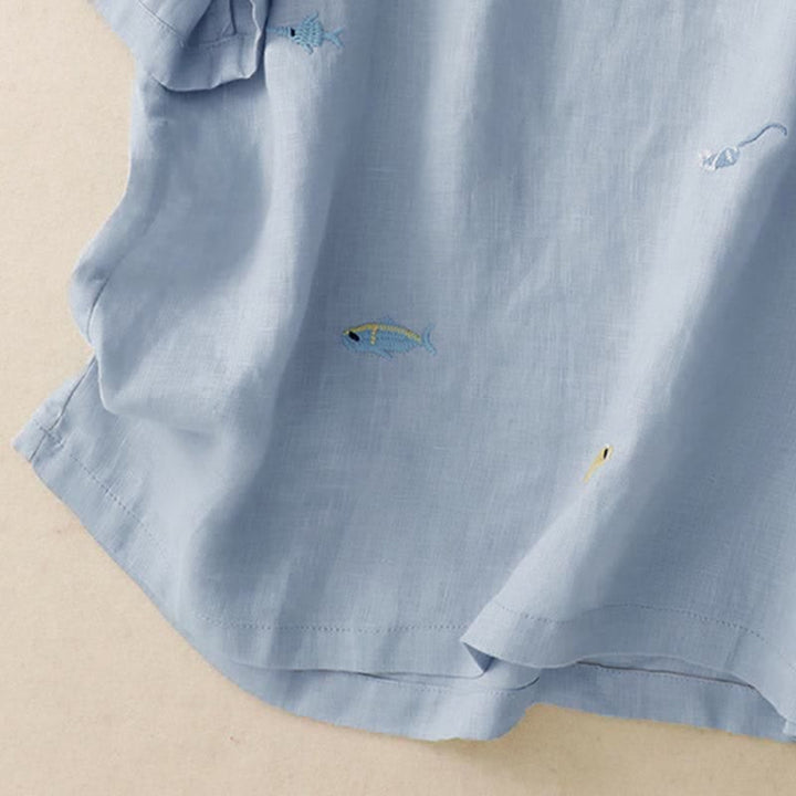 Buddha Stones 夏物カジュアル刺繍入り魚モチーフレディース半袖Tシャツ - image 15