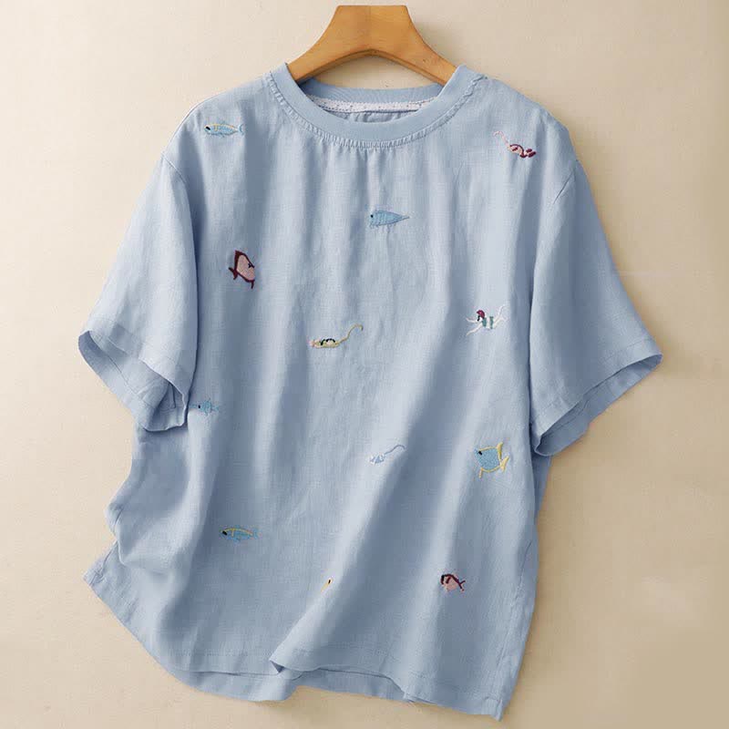 Buddha Stones 夏物カジュアル刺繍入り魚モチーフレディース半袖Tシャツ - ライトスカイブルー - US12, UK/AU16, EU44 （2XL） - image 10