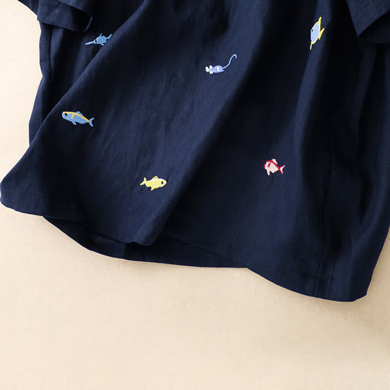Buddha Stones 夏物カジュアル刺繍入り魚モチーフレディース半袖Tシャツ - image 20
