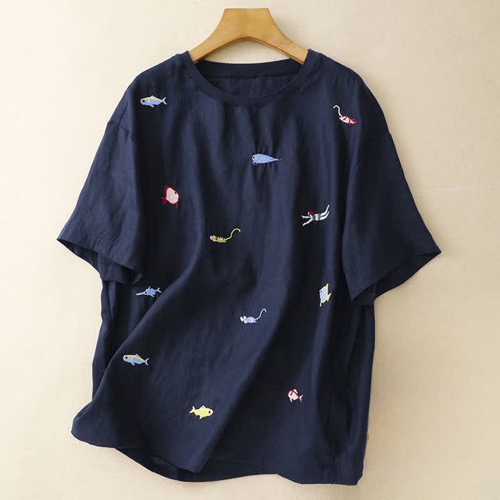 Buddha Stones 夏物カジュアル刺繍入り魚モチーフレディース半袖Tシャツ - 海軍 - US12, UK/AU16, EU44 （2XL） - image 16