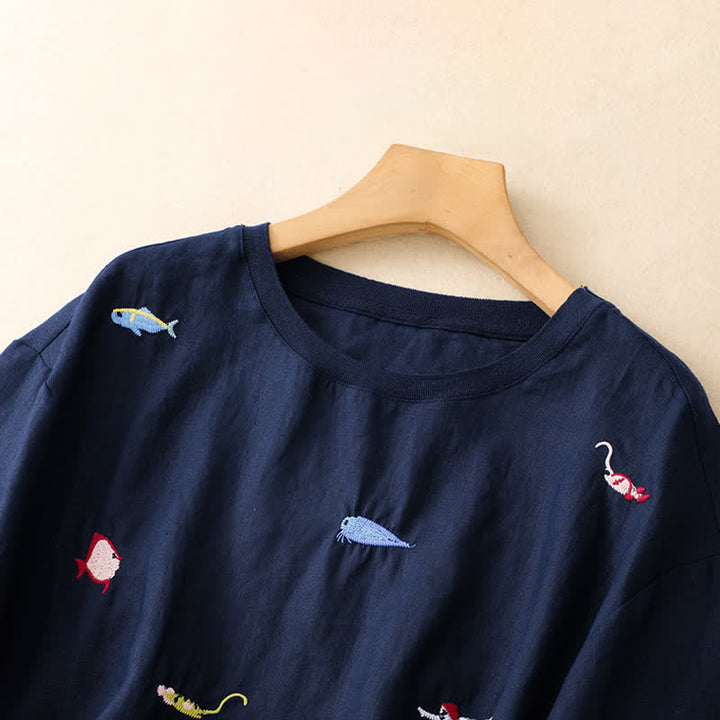 Buddha Stones 夏物カジュアル刺繍入り魚モチーフレディース半袖Tシャツ - image 17