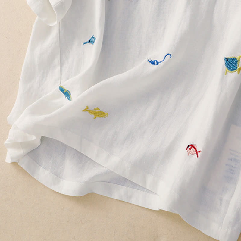 Buddha Stones 夏物カジュアル刺繍入り魚モチーフレディース半袖Tシャツ - image 24