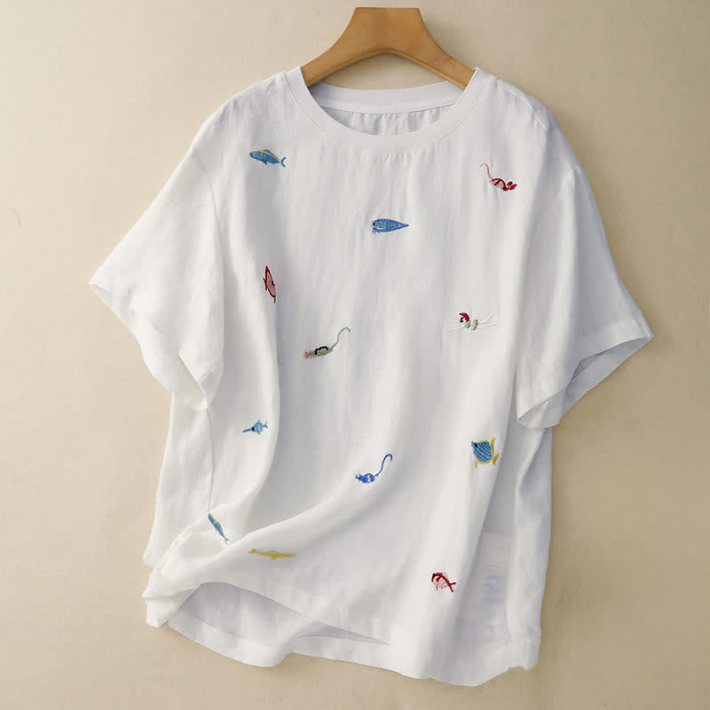 Buddha Stones 夏物カジュアル刺繍入り魚モチーフレディース半袖Tシャツ - 白 - US12, UK/AU16, EU44 （2XL） - image 22