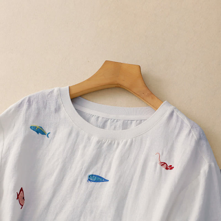 Buddha Stones 夏物カジュアル刺繍入り魚モチーフレディース半袖Tシャツ - image 23