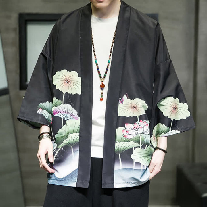 Buddha Stones 夏向けカジュアルデザイン　蓮の葉と蝶と鶴のプリント　前開きメンズ着物 - image 15