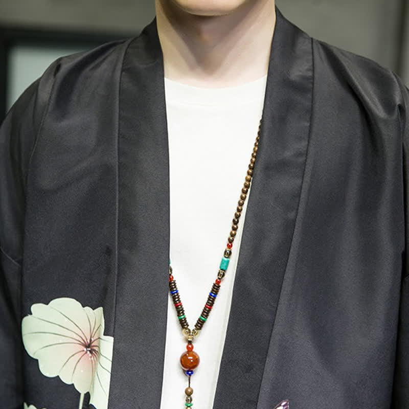 Buddha Stones 夏向けカジュアルデザイン　蓮の葉と蝶と鶴のプリント　前開きメンズ着物 - image 21