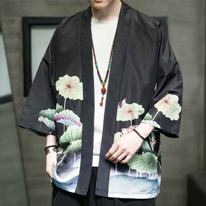 Buddha Stones 夏向けカジュアルデザイン　蓮の葉と蝶と鶴のプリント　前開きメンズ着物 - image 19