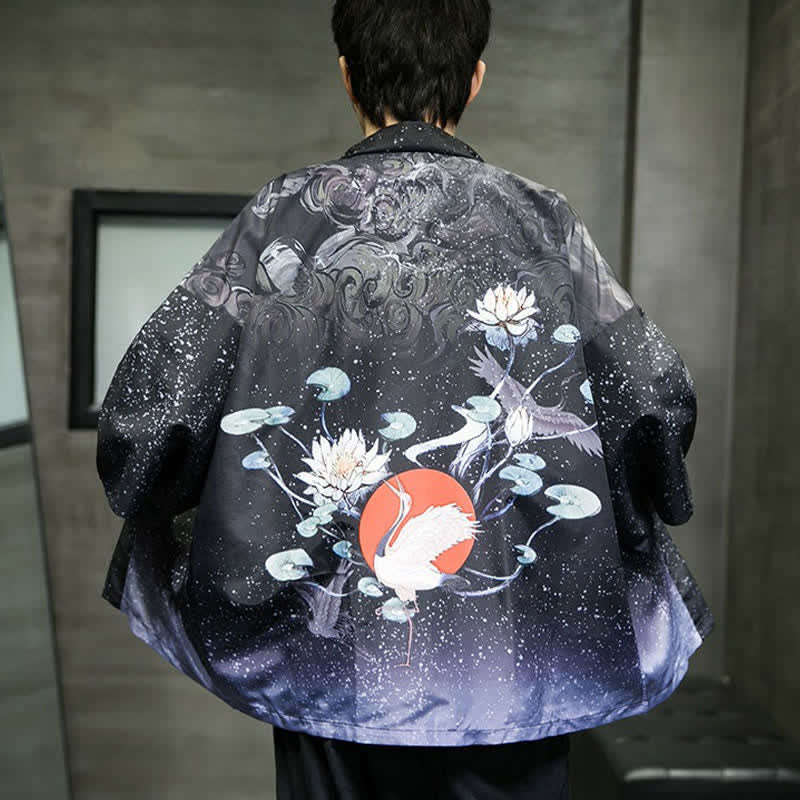 Buddha Stones 夏向けカジュアルデザイン　蓮の葉と蝶と鶴のプリント　前開きメンズ着物 - image 30