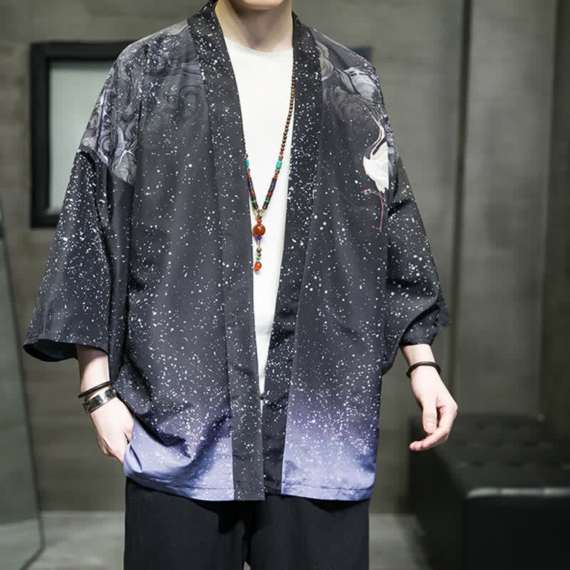 Buddha Stones 夏向けカジュアルデザイン　蓮の葉と蝶と鶴のプリント　前開きメンズ着物 - image 27
