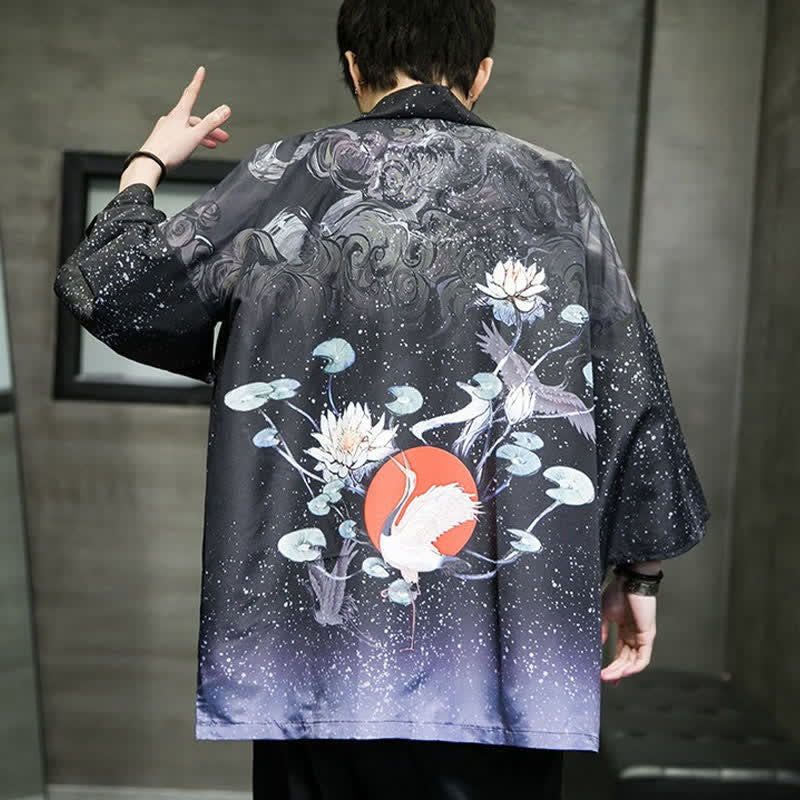 Buddha Stones 夏向けカジュアルデザイン　蓮の葉と蝶と鶴のプリント　前開きメンズ着物 - image 31